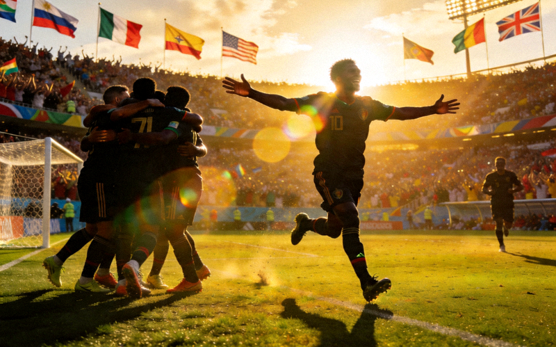 世界杯比赛精彩瞬间，球员庆祝进球